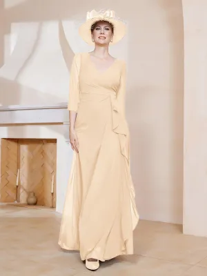 3/4-Length Sleeves V-neck Pleated Long Dress Peach