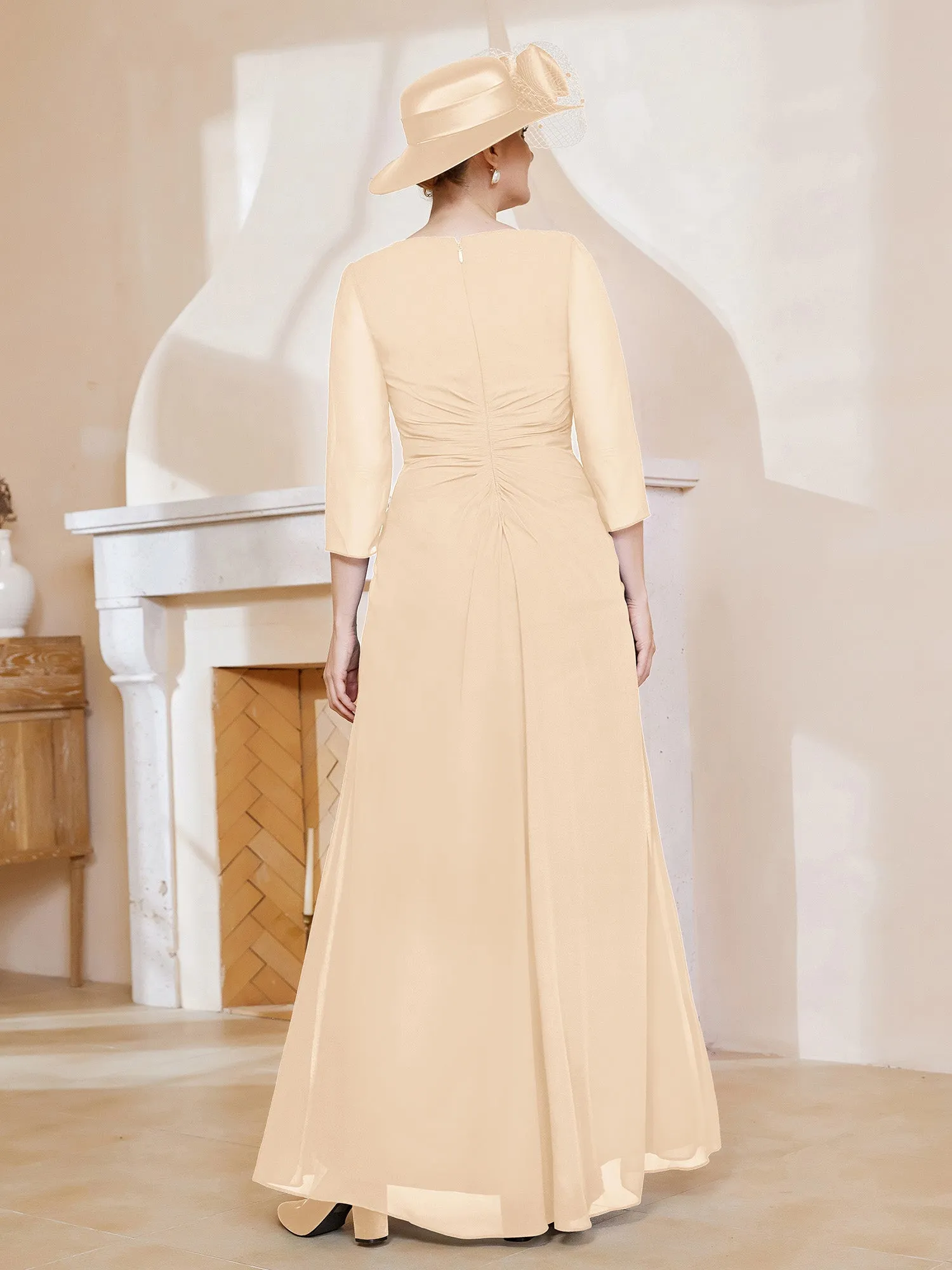 3/4-Length Sleeves V-neck Pleated Long Dress Peach