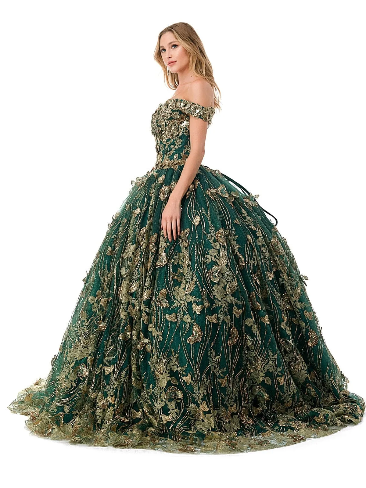 3D Butterfly Off Shoulder Ball Gown by Coya L2817C