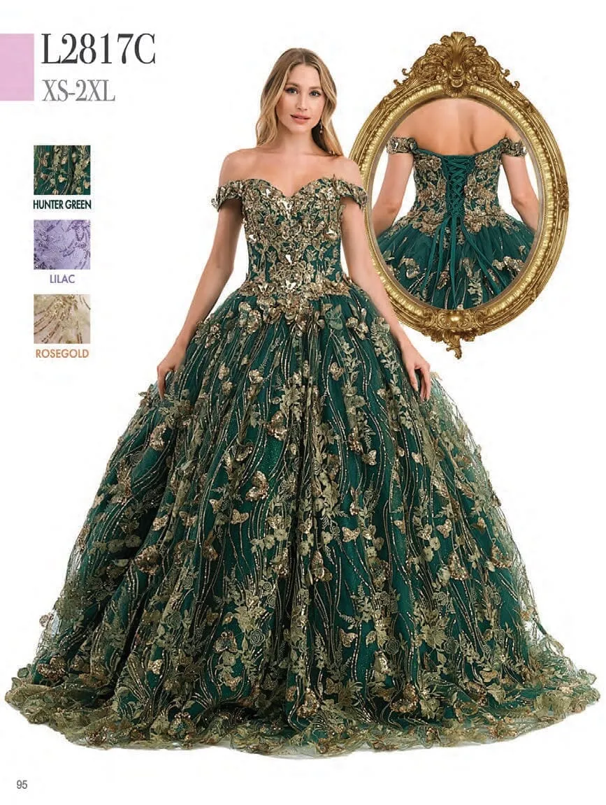 3D Butterfly Off Shoulder Ball Gown by Coya L2817C