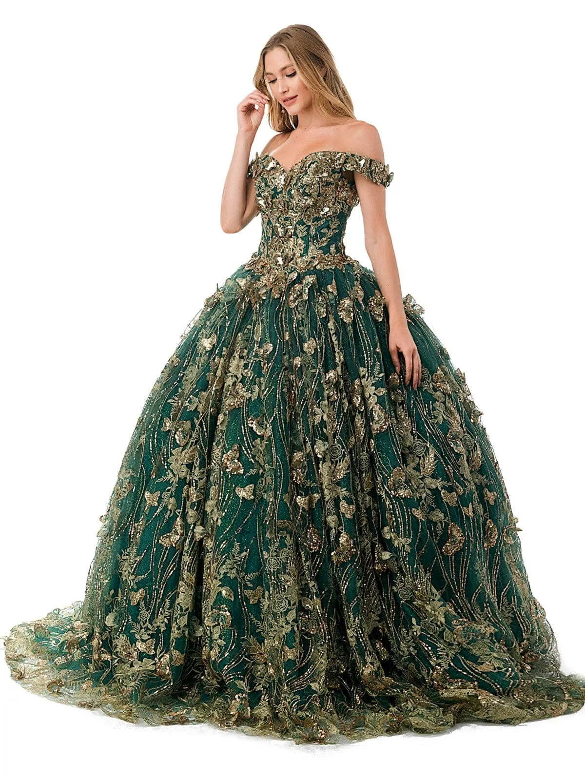 3D Butterfly Off Shoulder Ball Gown by Coya L2817C