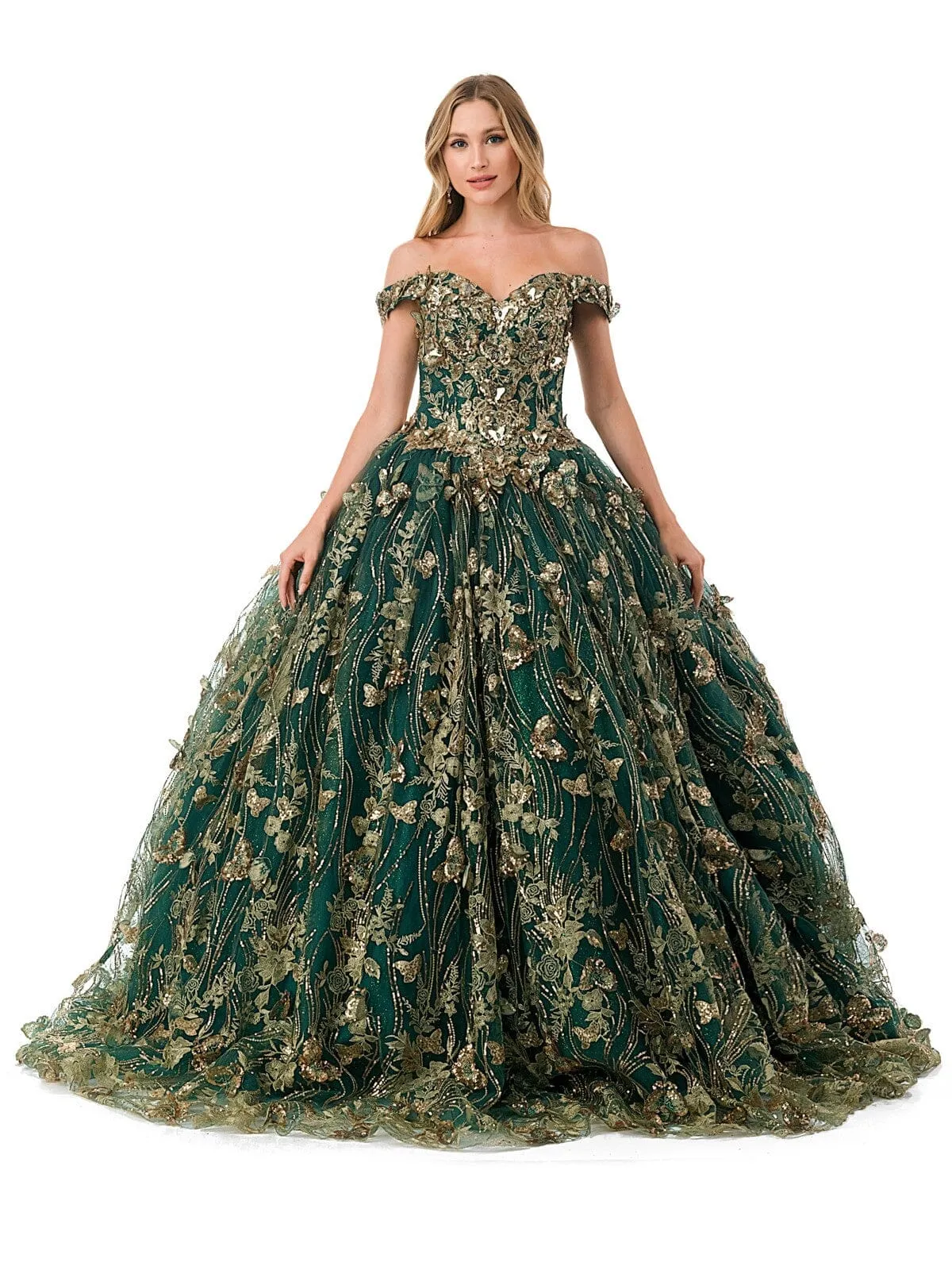 3D Butterfly Off Shoulder Ball Gown by Coya L2817C