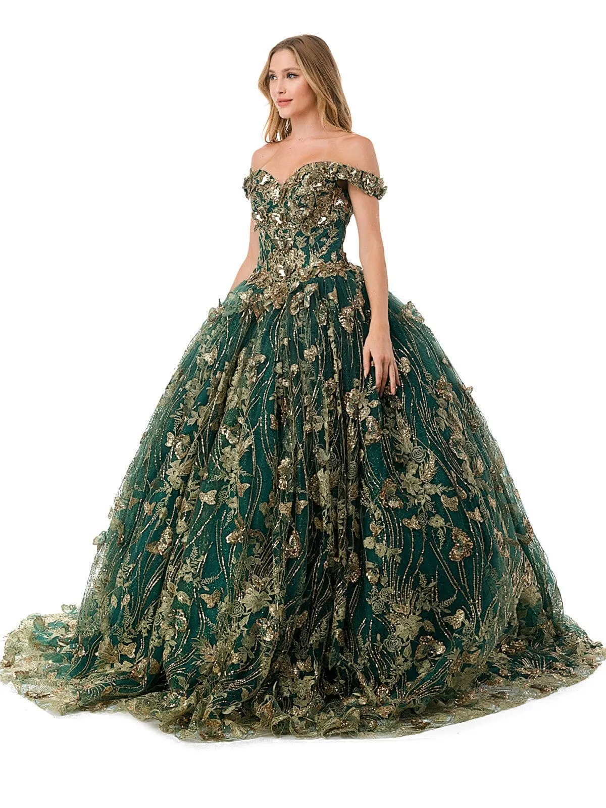 3D Butterfly Off Shoulder Ball Gown by Coya L2817C