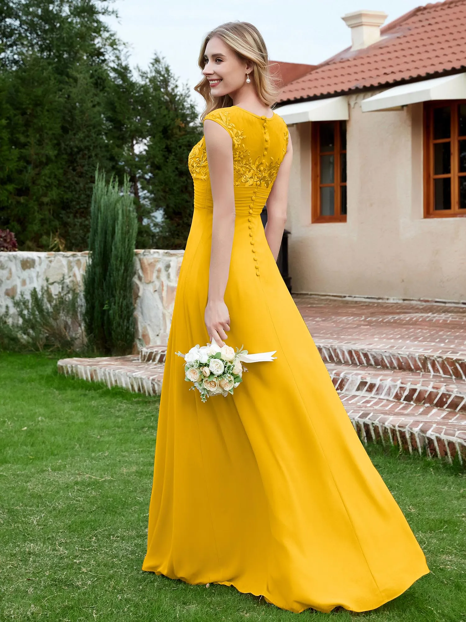 A-Line Chiffon Dress with Illusion Neckline Marigold