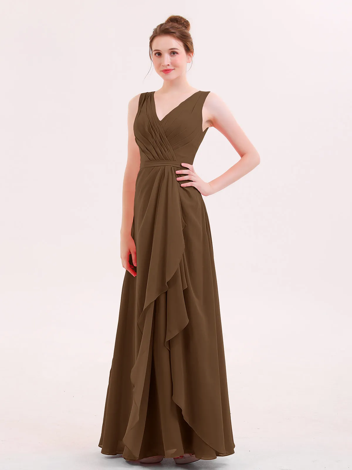 A-line Chiffon Open Back Dress With V-Neck Brown