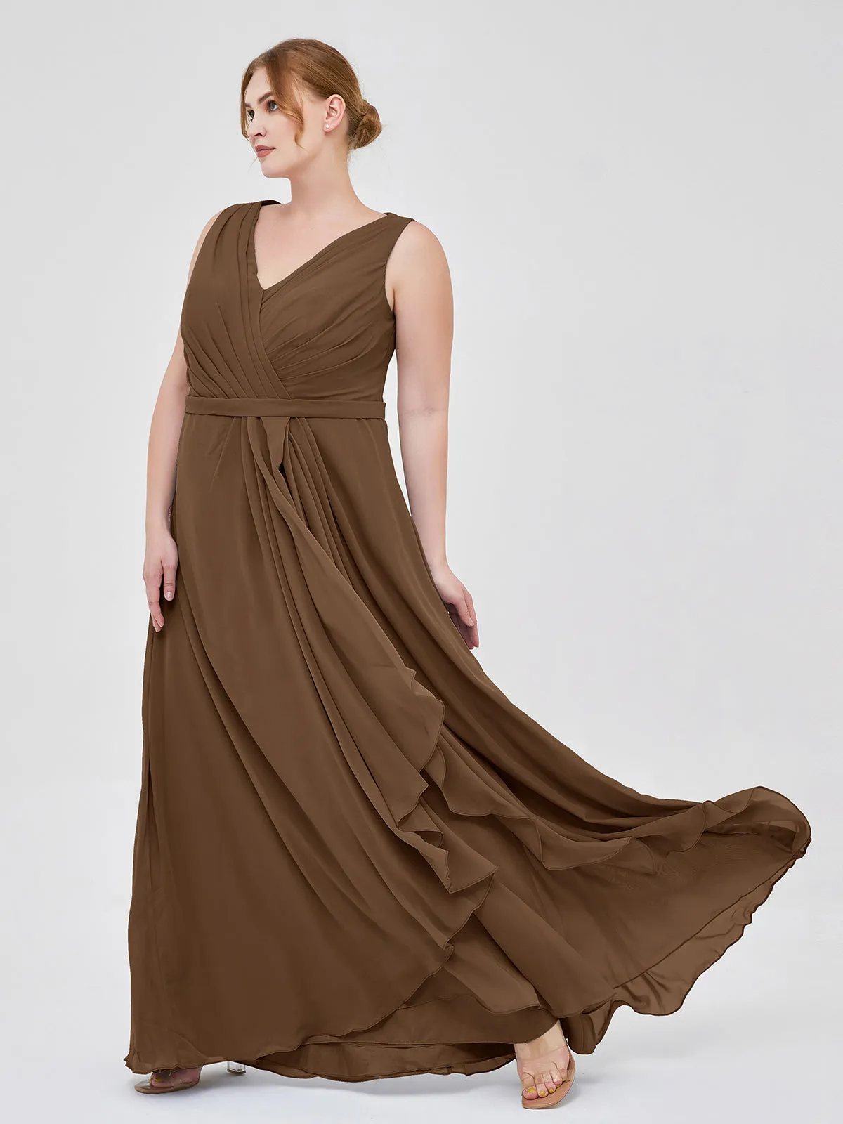 A-line Chiffon Open Back Dress With V-Neck Brown