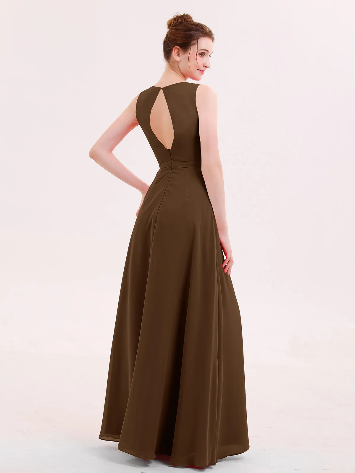 A-line Chiffon Open Back Dress With V-Neck Brown