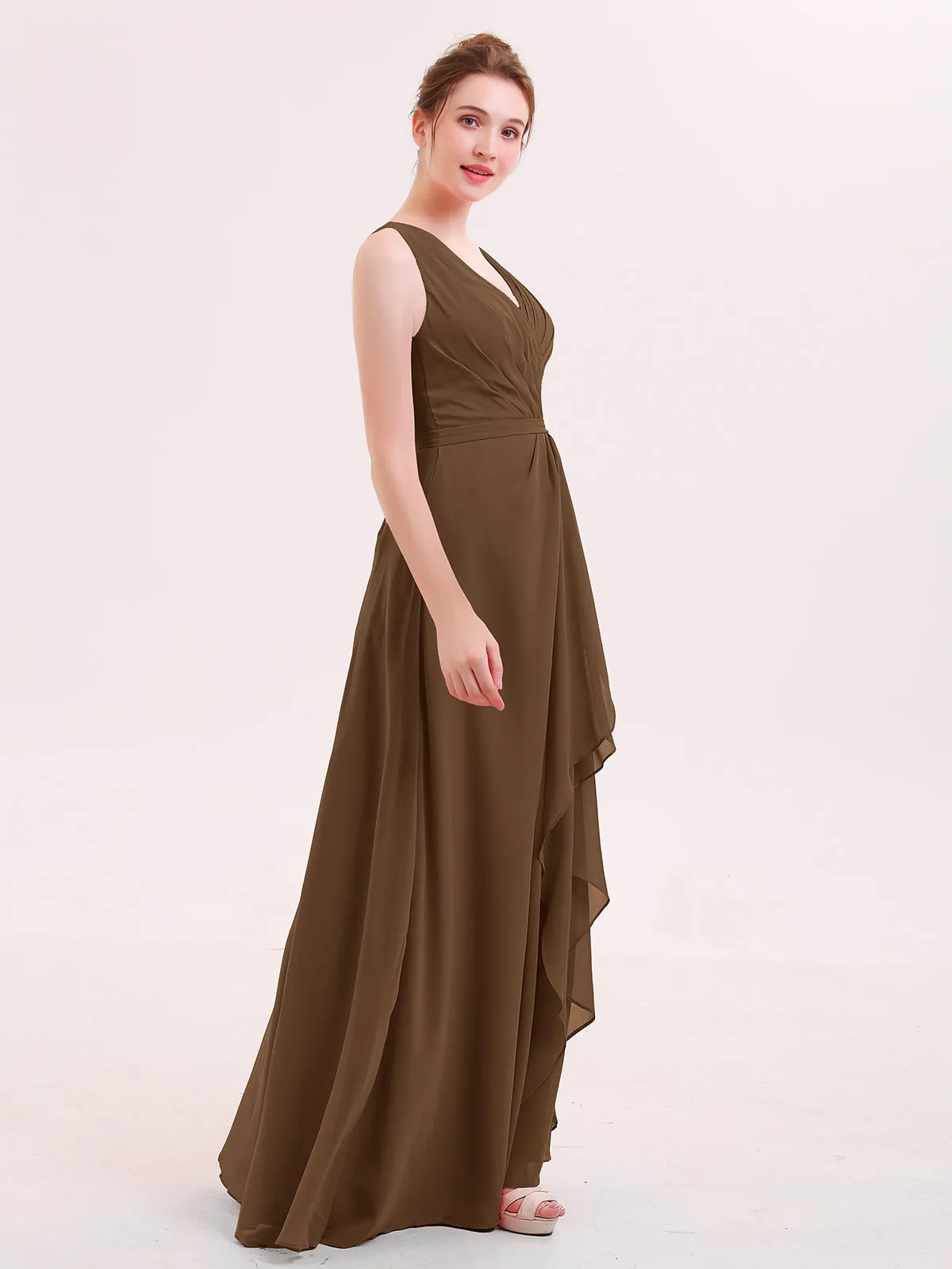 A-line Chiffon Open Back Dress With V-Neck Brown