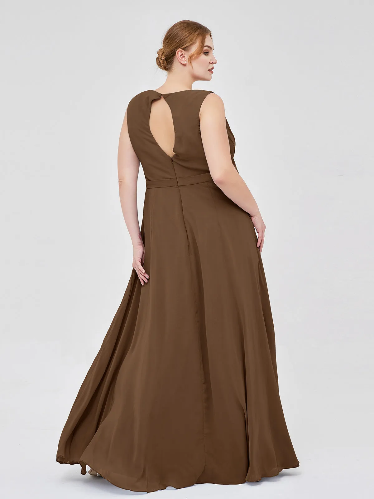 A-line Chiffon Open Back Dress With V-Neck Brown