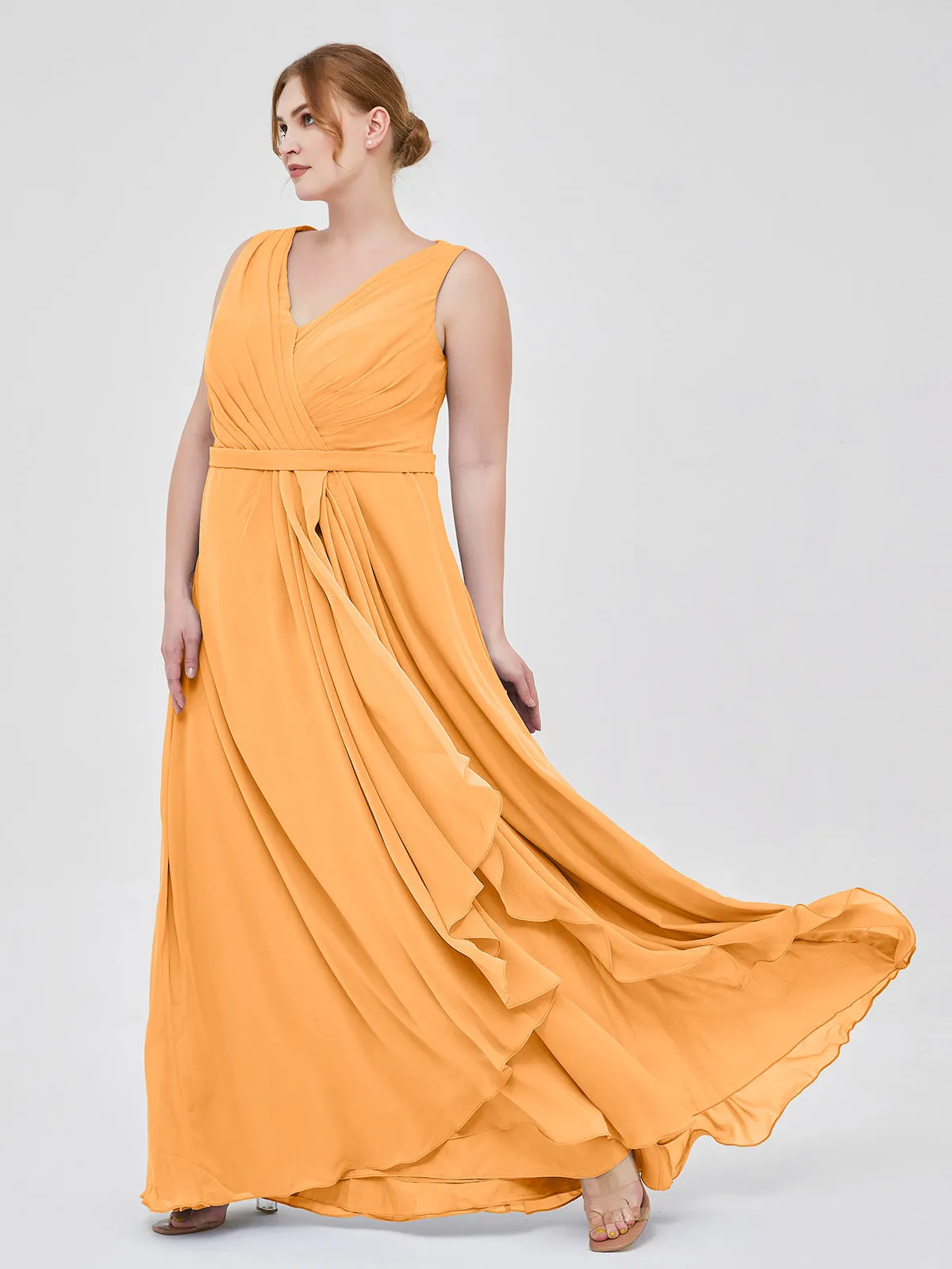 A-line Chiffon Open Back Dress With V-Neck Tangerine Plus Size