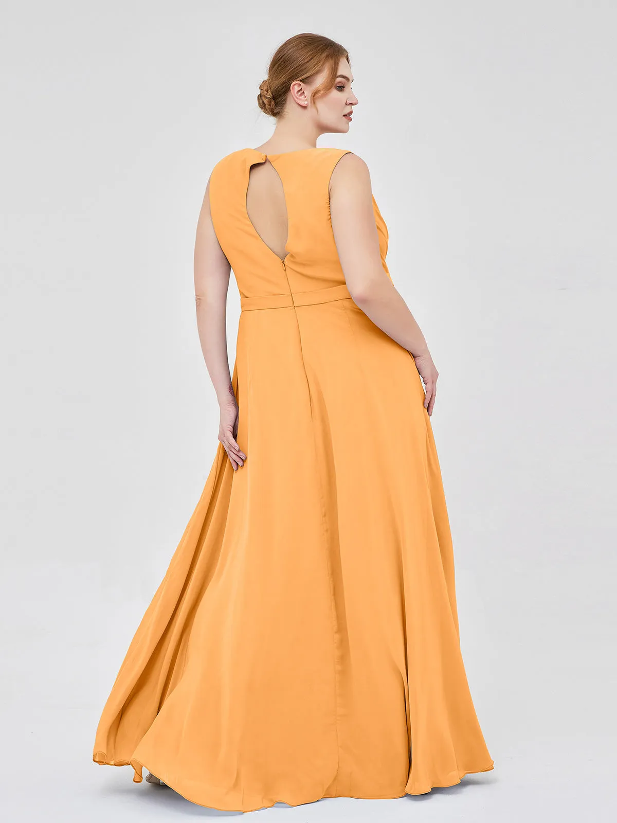A-line Chiffon Open Back Dress With V-Neck Tangerine Plus Size