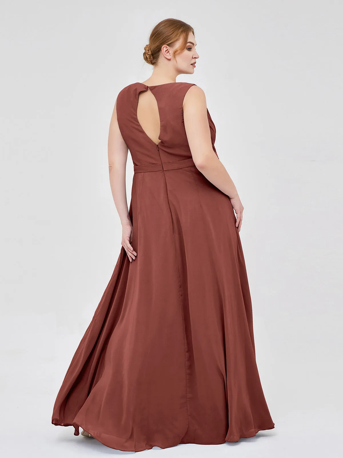 A-line Chiffon Open Back Dress With V-Neck Terracotta Plus Size