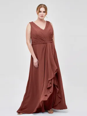 A-line Chiffon Open Back Dress With V-Neck Terracotta Plus Size
