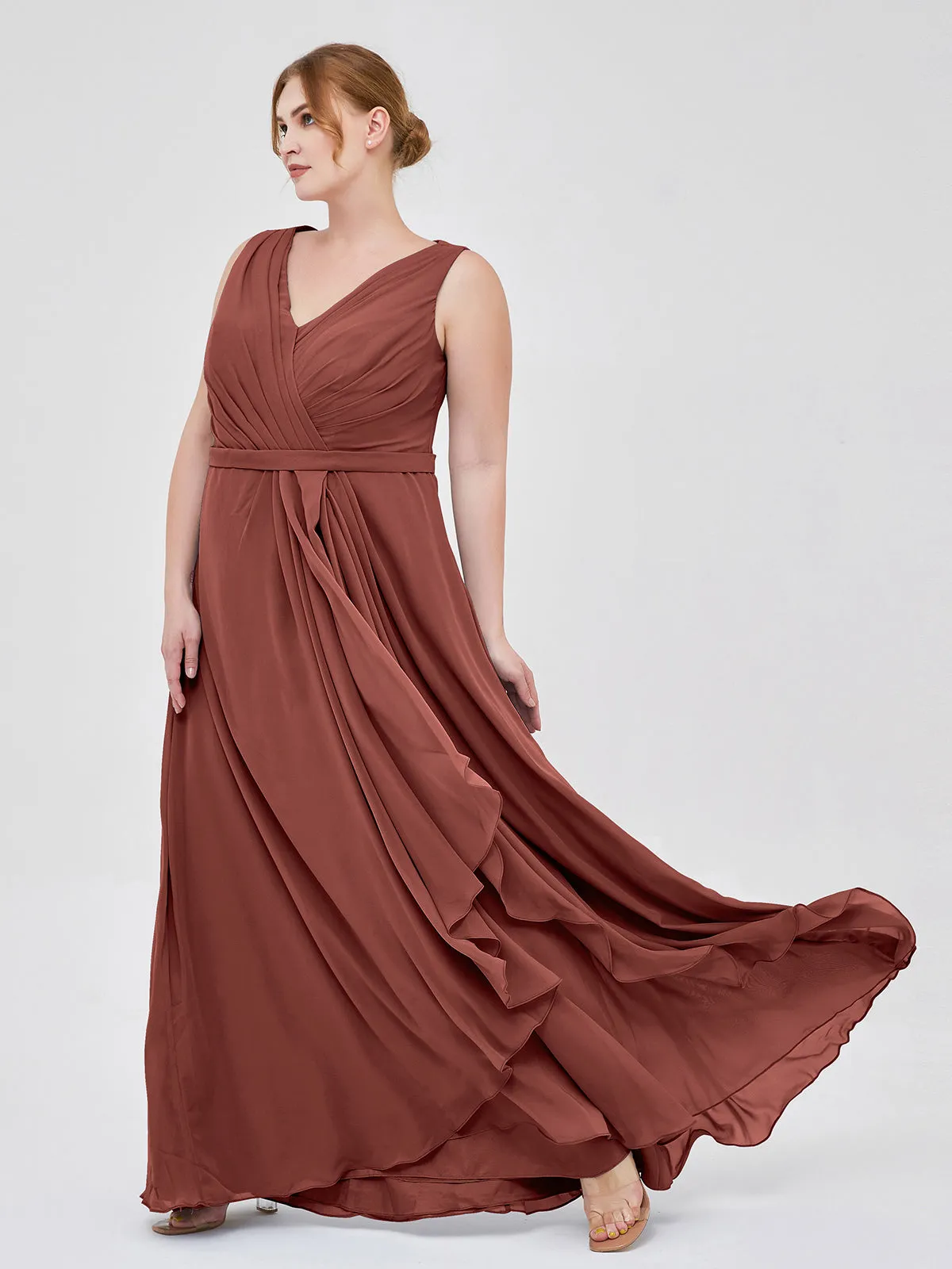 A-line Chiffon Open Back Dress With V-Neck Terracotta Plus Size
