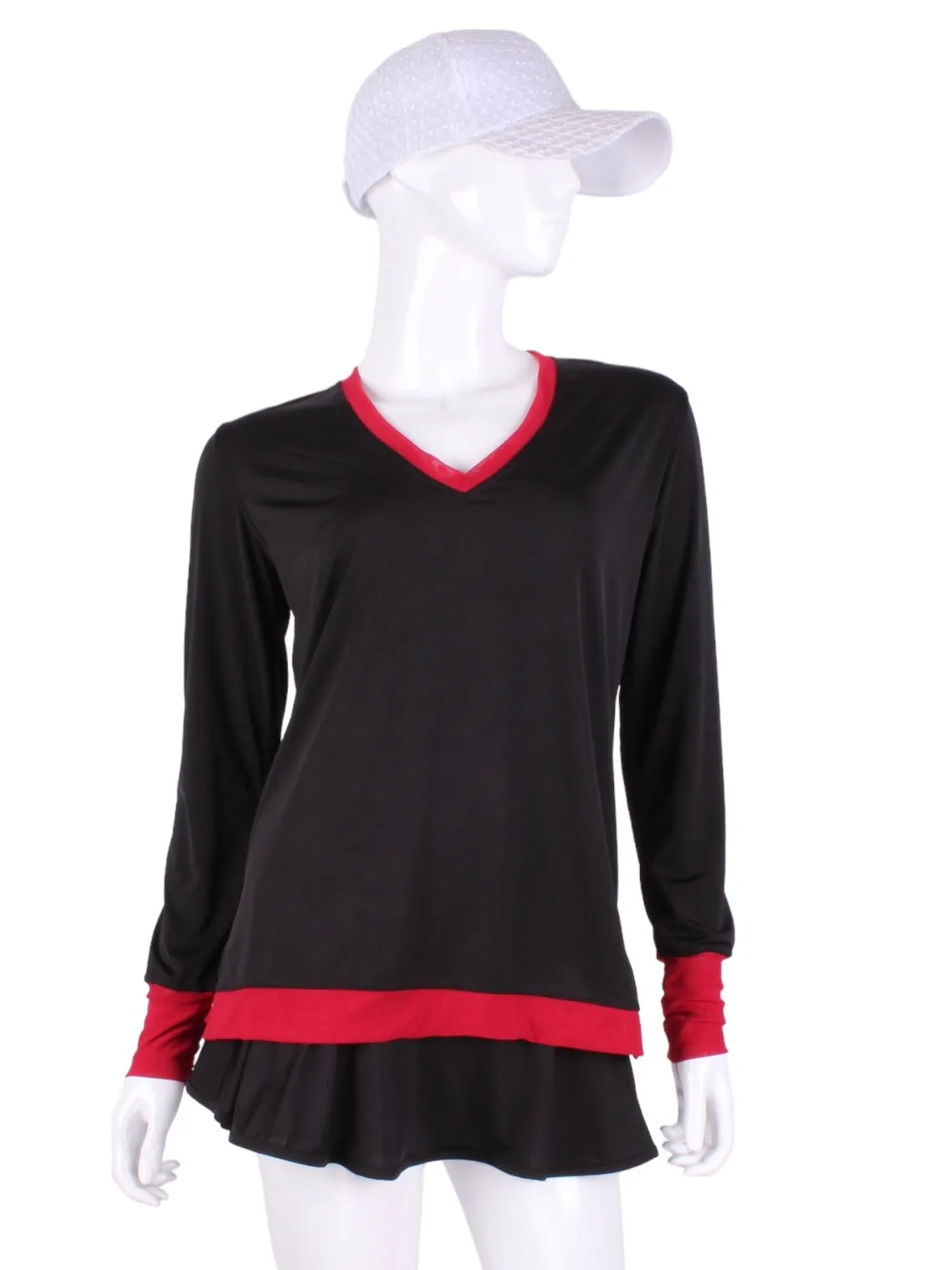 Black Long Sleeve Very Vee Tee   Red Mesh