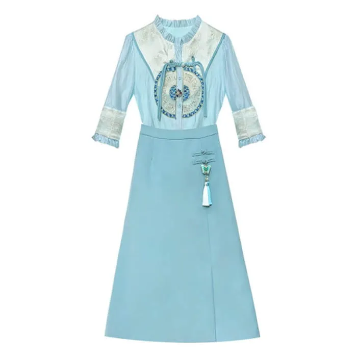 Blue Embroidery Shirt Slit Skirt Set