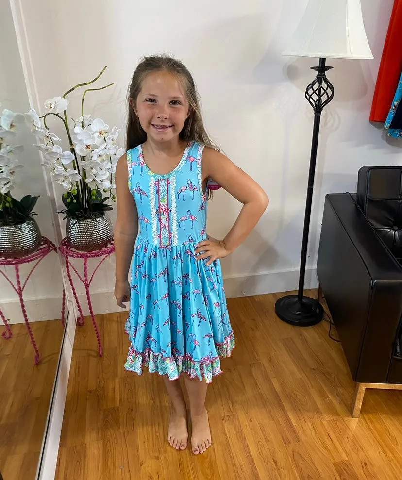 Blue Flamingo Floral Girls Ruffle Twirl Dress