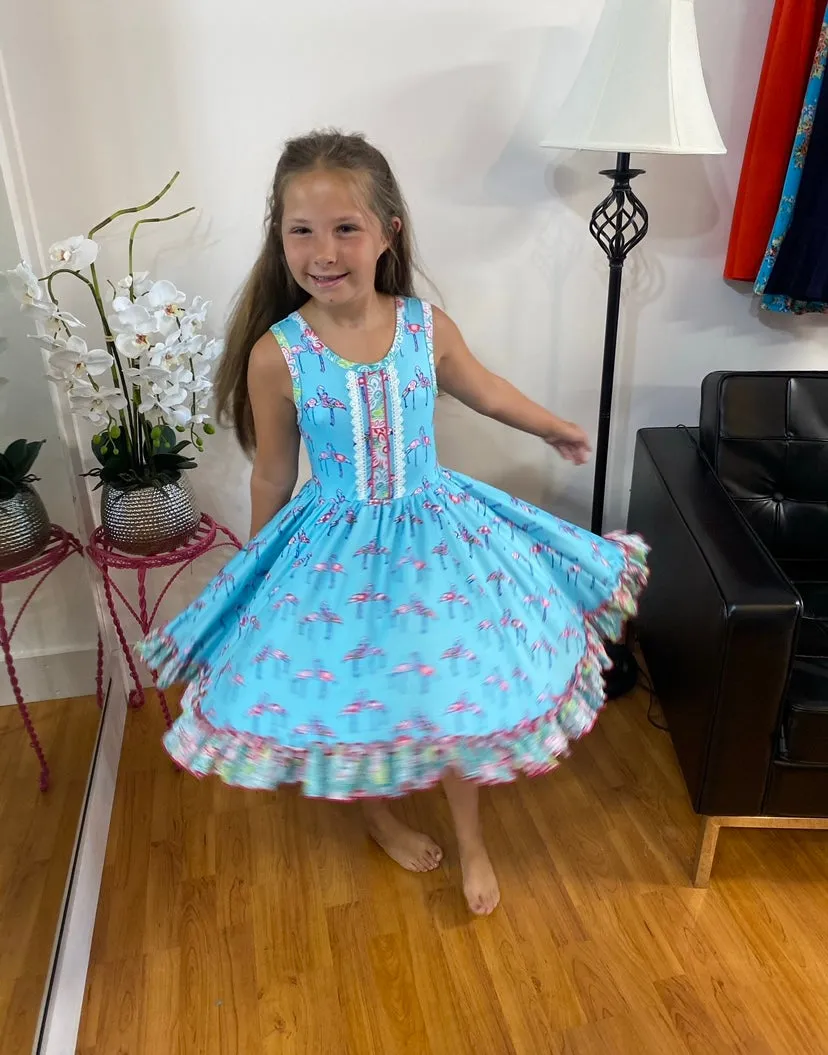 Blue Flamingo Floral Girls Ruffle Twirl Dress