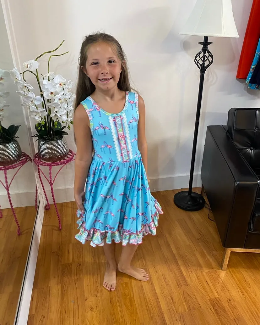 Blue Flamingo Floral Girls Ruffle Twirl Dress