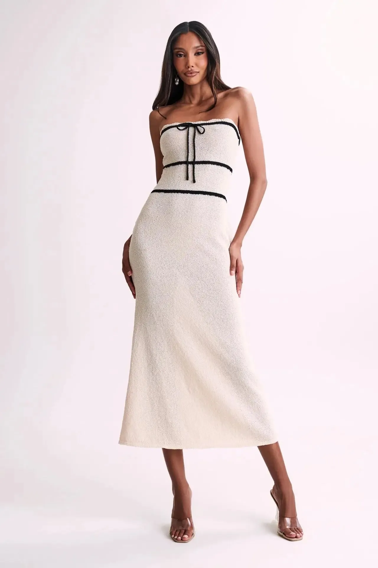 Bow Contrast Color Lace Graceful Up Knitwear Midi Dress