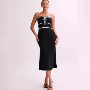 Bow Contrast Color Lace Graceful Up Knitwear Midi Dress