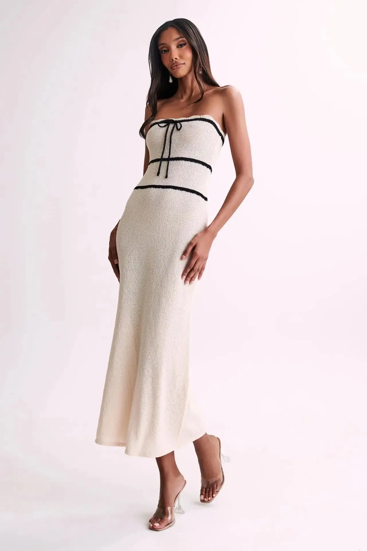 Bow Contrast Color Lace Graceful Up Knitwear Midi Dress