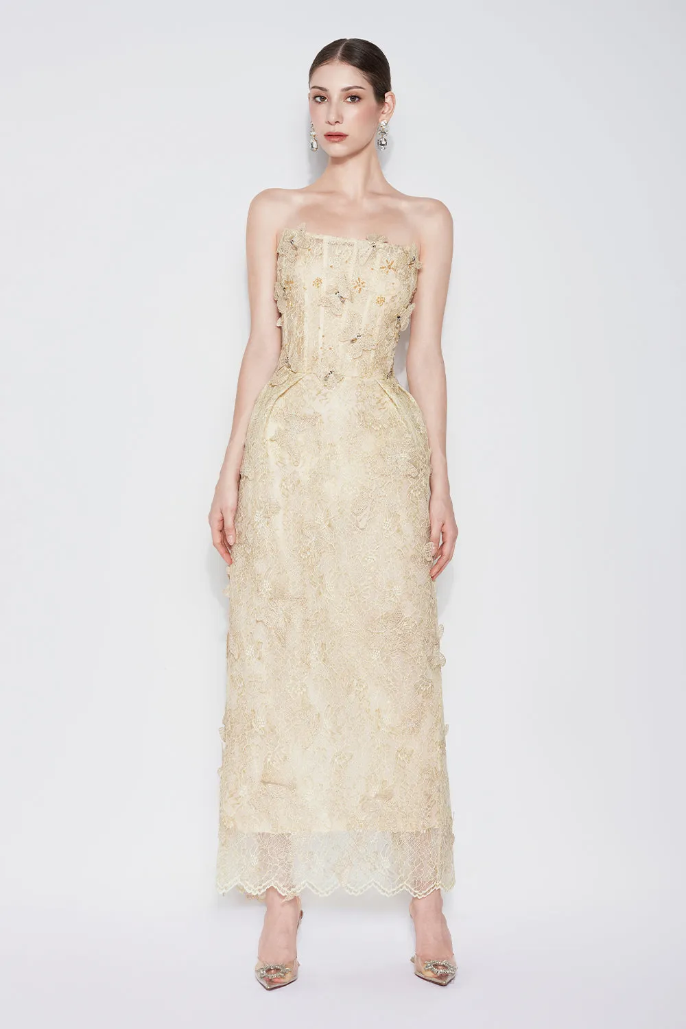 Butterfly Reverie Strapless Embroidered Lace Maxi Dress