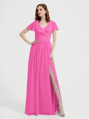 Cap Sleeves Long Chiffon Dresses with Slit-Azalea