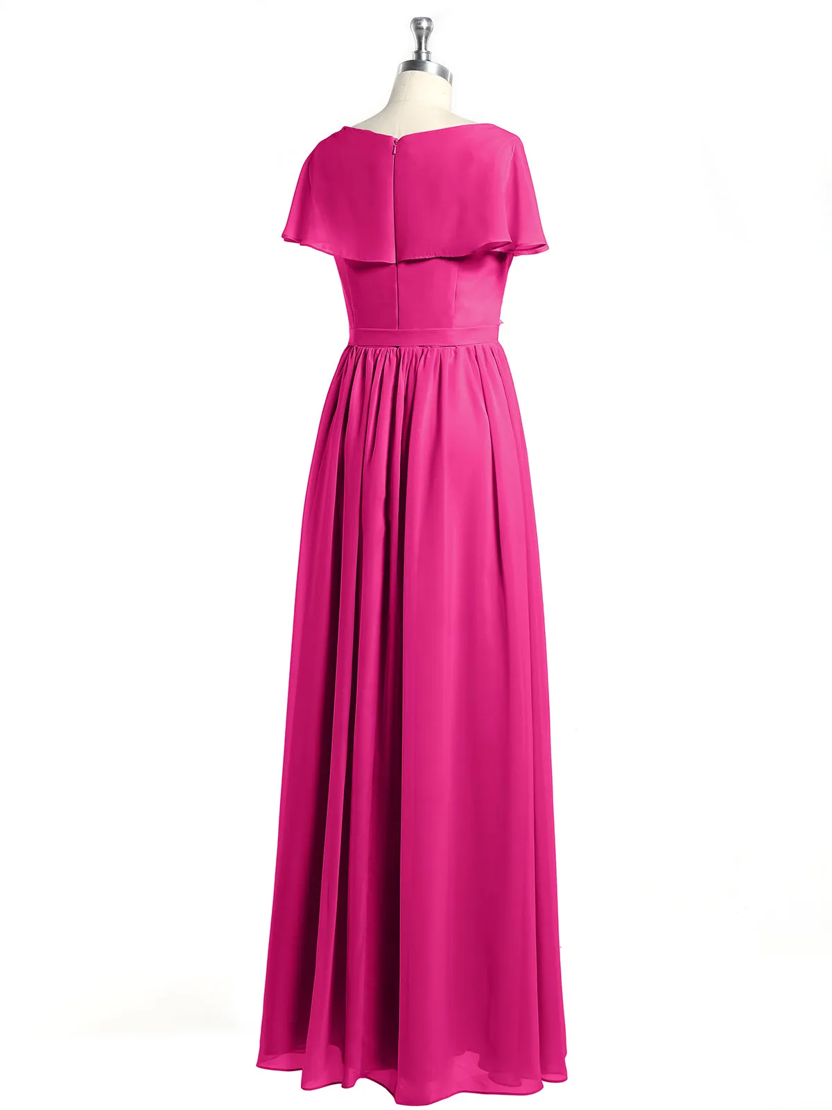 Cap Sleeves Long Chiffon Dresses with Slit-Fuchsia Plus Size