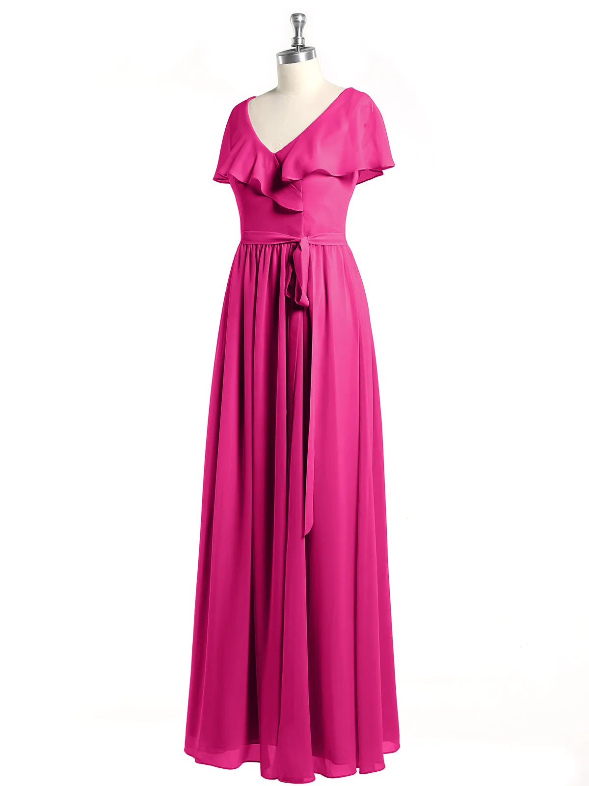 Cap Sleeves Long Chiffon Dresses with Slit-Fuchsia Plus Size