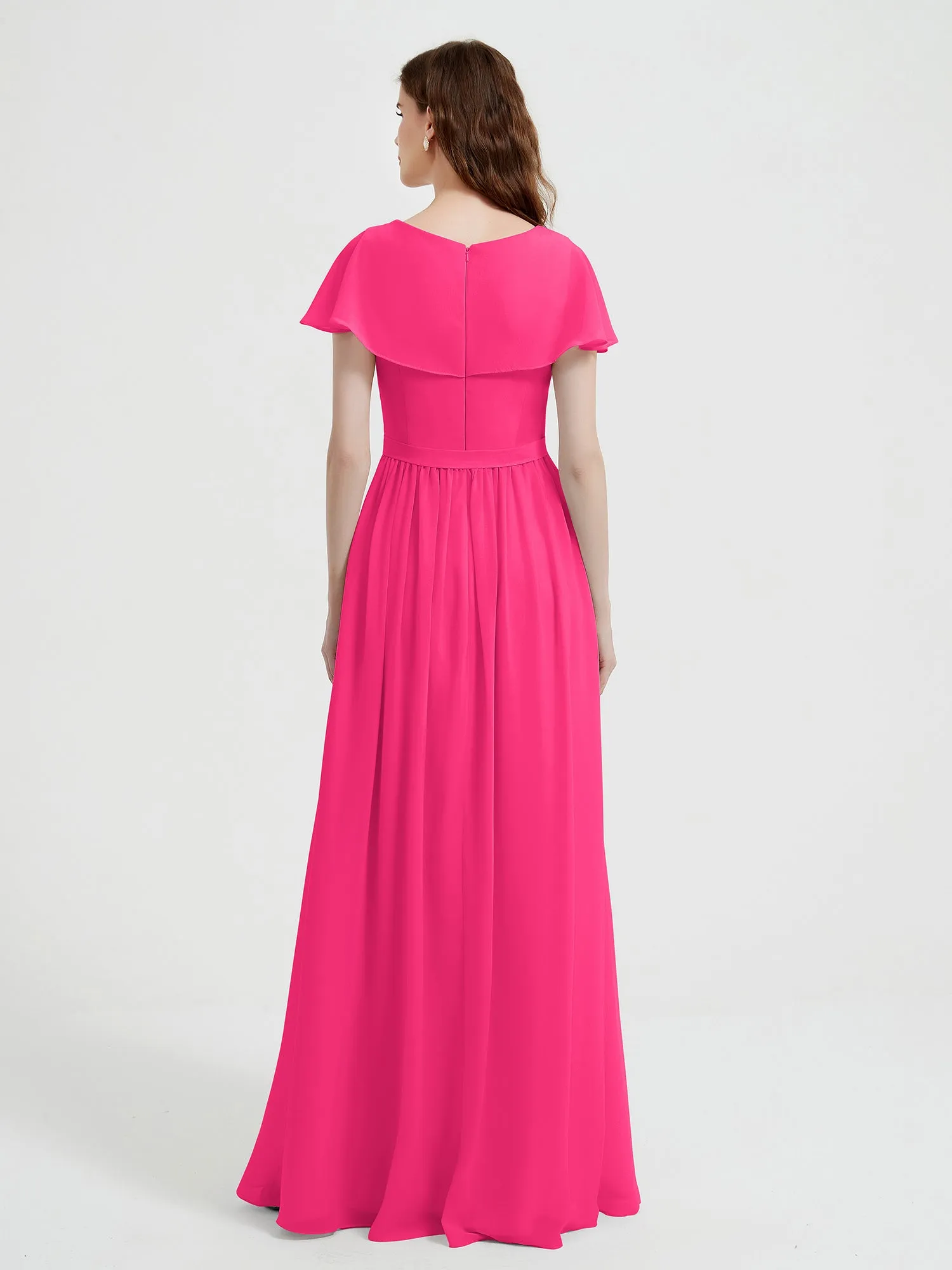 Cap Sleeves Long Chiffon Dresses with Slit-Fuchsia Plus Size