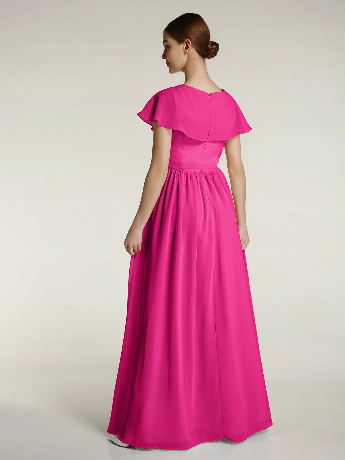 Cap Sleeves Long Chiffon Dresses with Slit-Fuchsia Plus Size