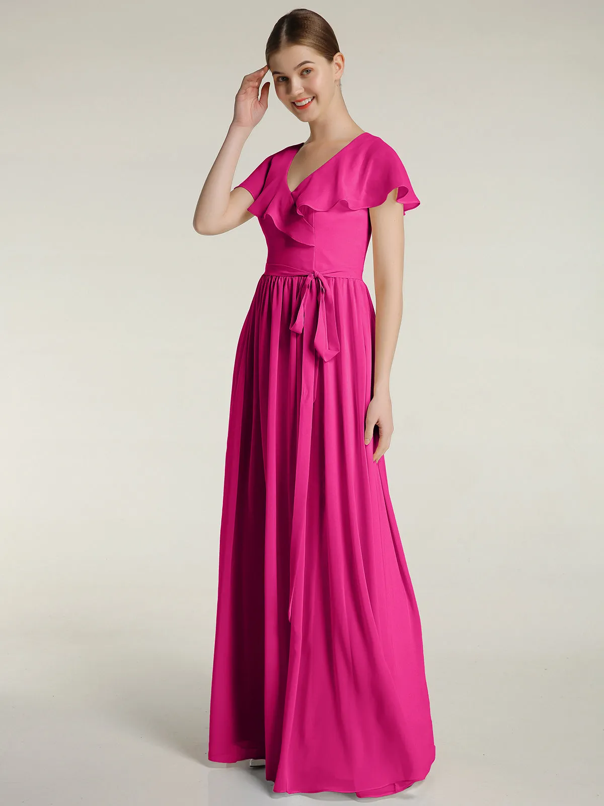 Cap Sleeves Long Chiffon Dresses with Slit-Fuchsia Plus Size