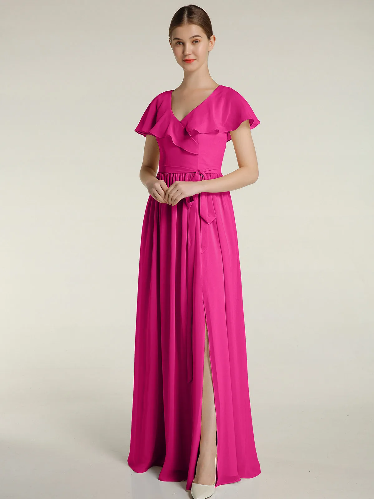 Cap Sleeves Long Chiffon Dresses with Slit-Fuchsia Plus Size