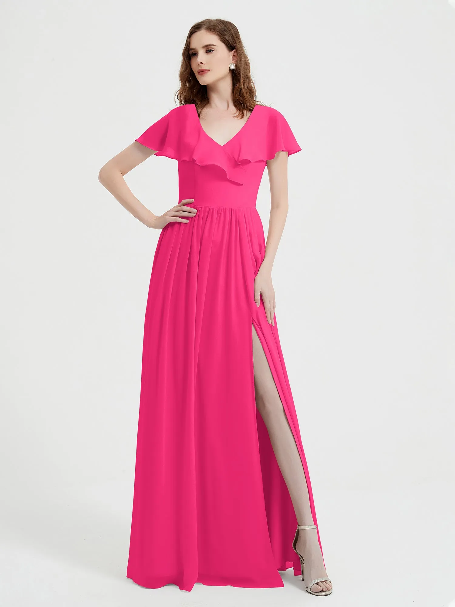 Cap Sleeves Long Chiffon Dresses with Slit-Fuchsia Plus Size