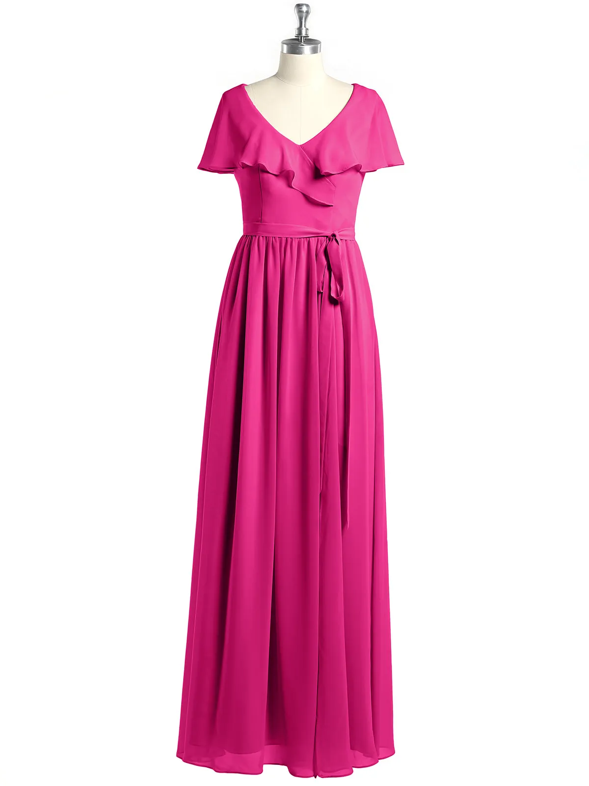 Cap Sleeves Long Chiffon Dresses with Slit-Fuchsia Plus Size
