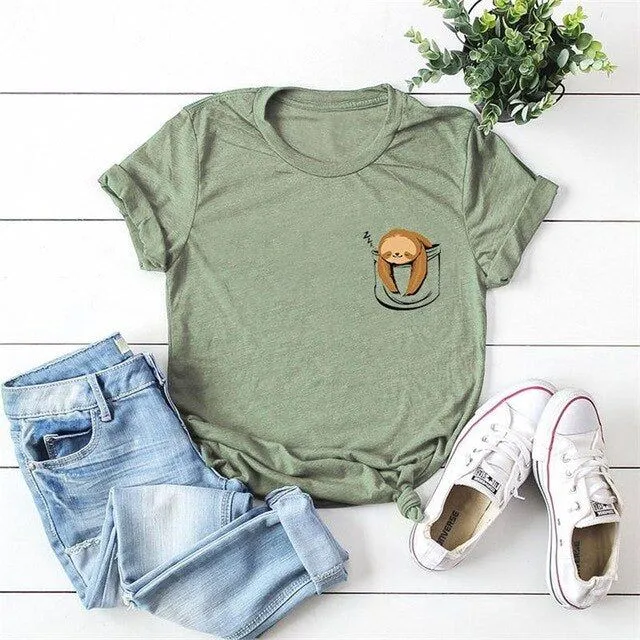 Cotton Women Sloth Pocket Print Summer T-Shirt Plus Sizes