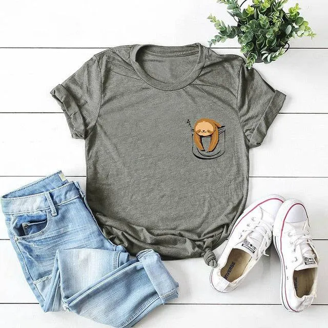 Cotton Women Sloth Pocket Print Summer T-Shirt Plus Sizes