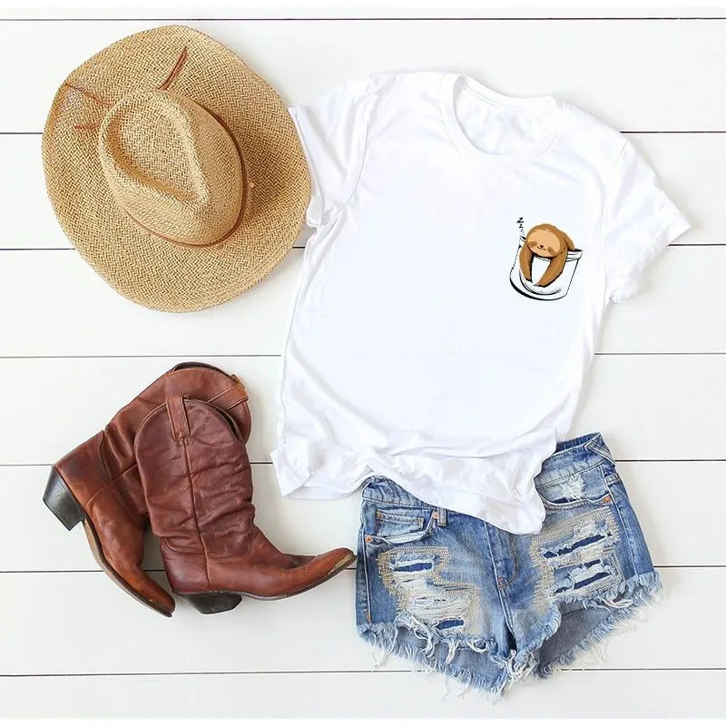 Cotton Women Sloth Pocket Print Summer T-Shirt Plus Sizes