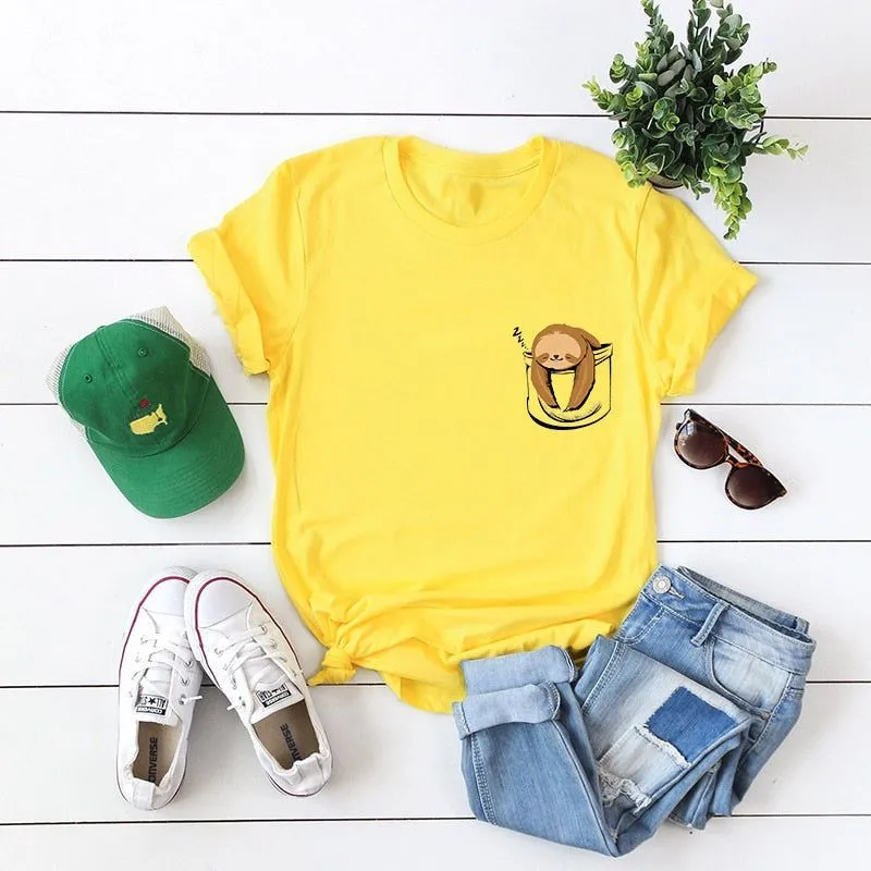 Cotton Women Sloth Pocket Print Summer T-Shirt Plus Sizes
