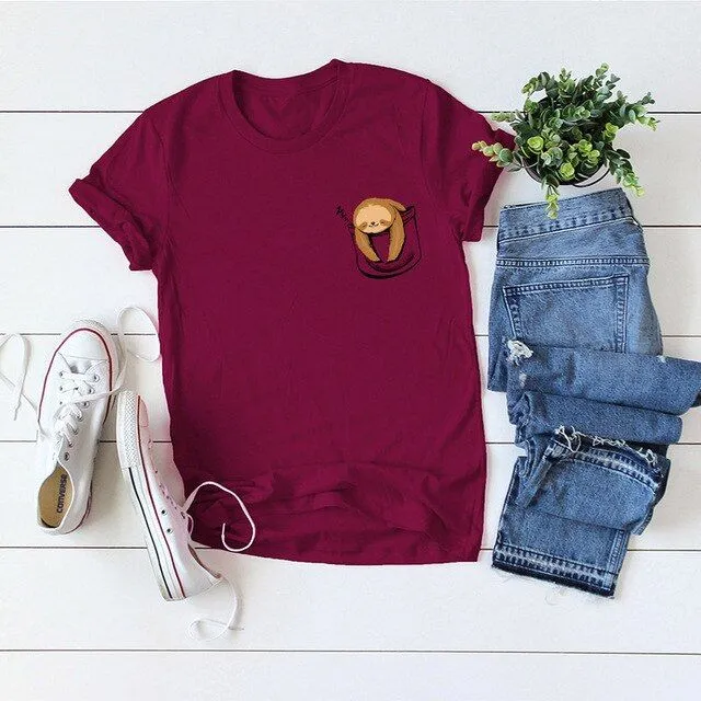 Cotton Women Sloth Pocket Print Summer T-Shirt Plus Sizes