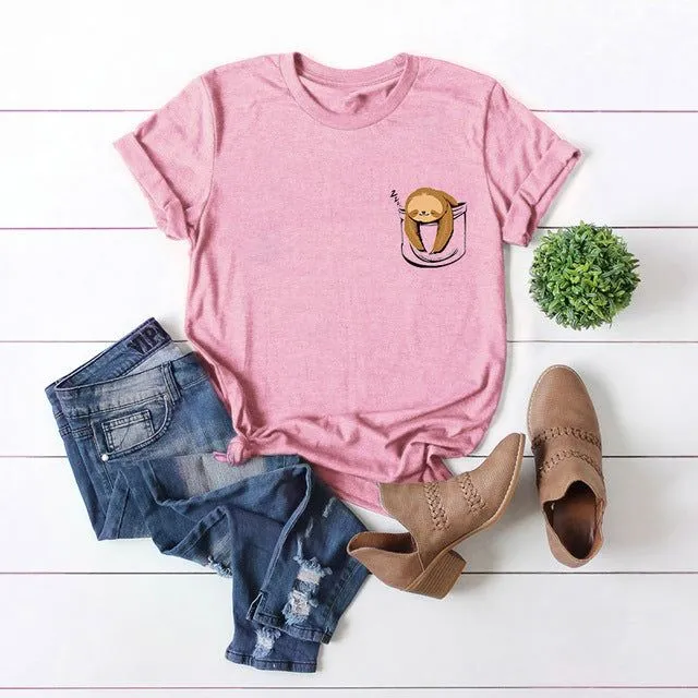 Cotton Women Sloth Pocket Print Summer T-Shirt Plus Sizes