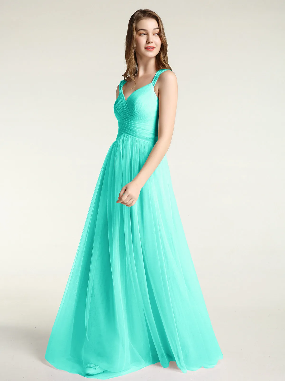 Cross-Pleated Tulle Long Dresses with Beaded Straps Spa