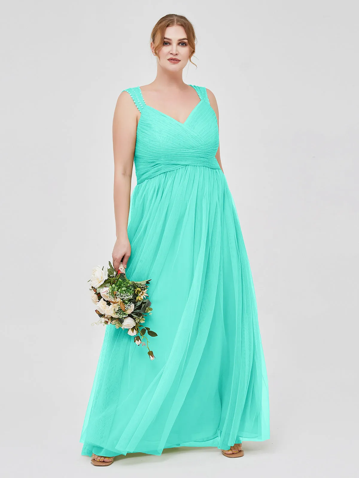 Cross-Pleated Tulle Long Dresses with Beaded Straps Spa