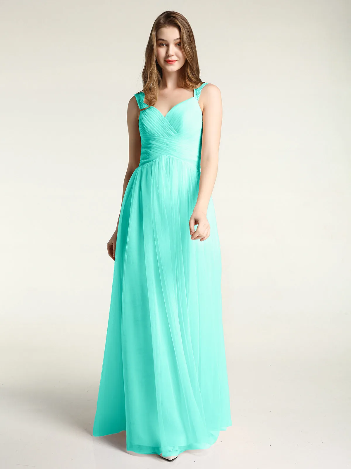 Cross-Pleated Tulle Long Dresses with Beaded Straps Spa