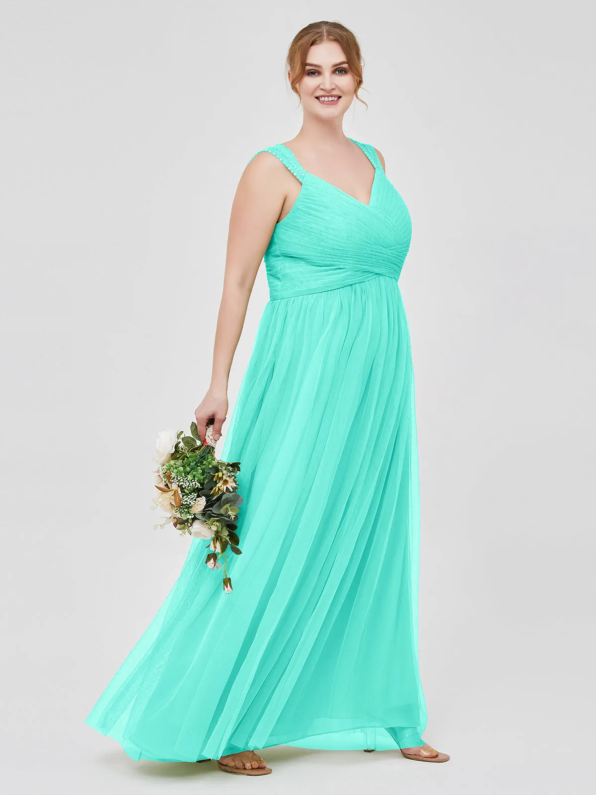 Cross-Pleated Tulle Long Dresses with Beaded Straps Spa