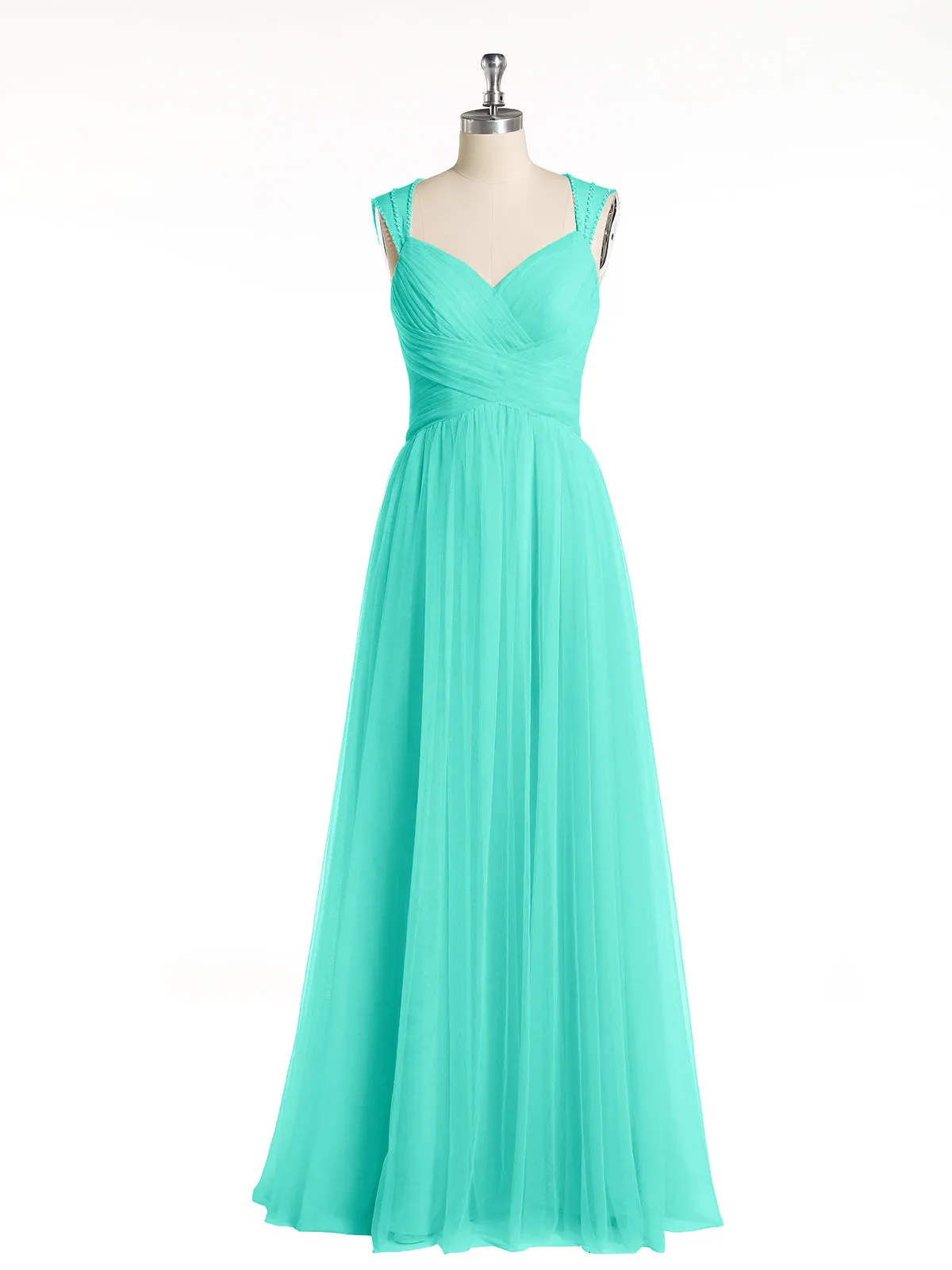 Cross-Pleated Tulle Long Dresses with Beaded Straps Spa