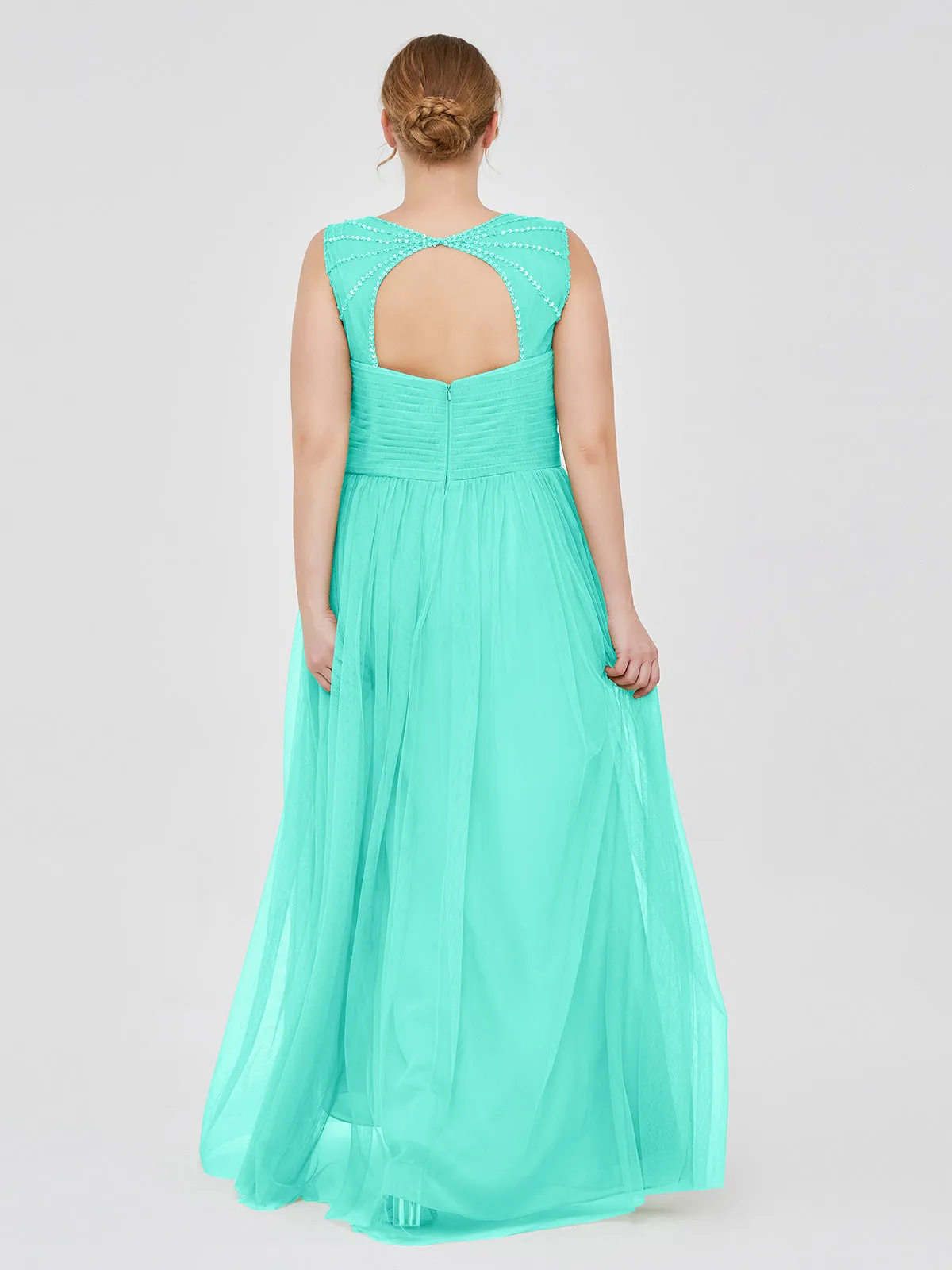 Cross-Pleated Tulle Long Dresses with Beaded Straps Spa