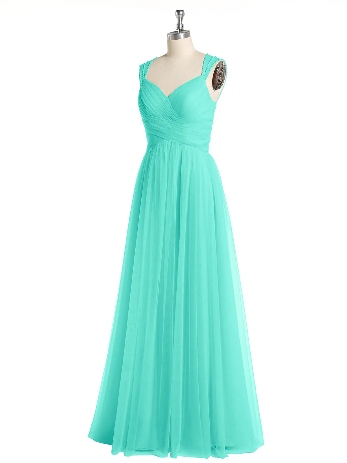 Cross-Pleated Tulle Long Dresses with Beaded Straps Spa
