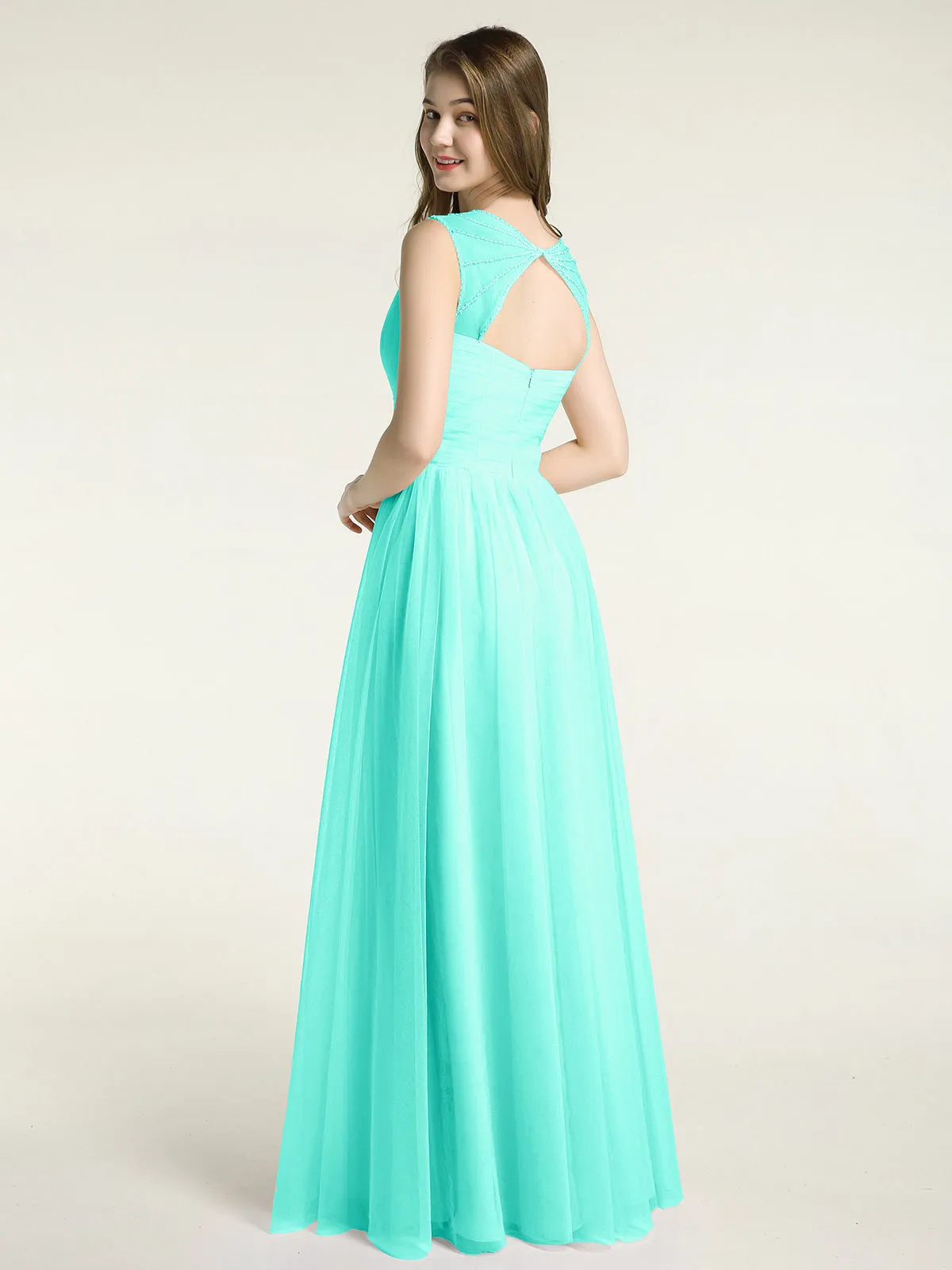 Cross-Pleated Tulle Long Dresses with Beaded Straps Spa